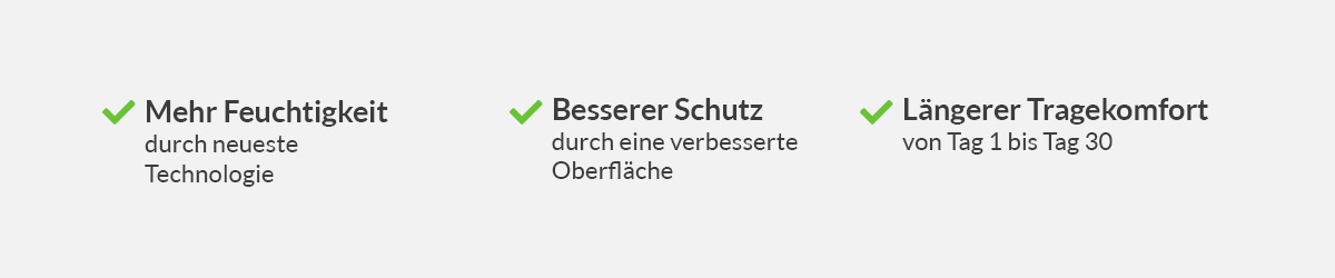 Mehr Feuchtigkeit durch neueste Technologie, besserer Schutz durch eine verbesserte Oberfläche  und längerer Tragekomfort von Tag 1 bis Tag 30 mit der meineLinse aqua plus Monatslinse