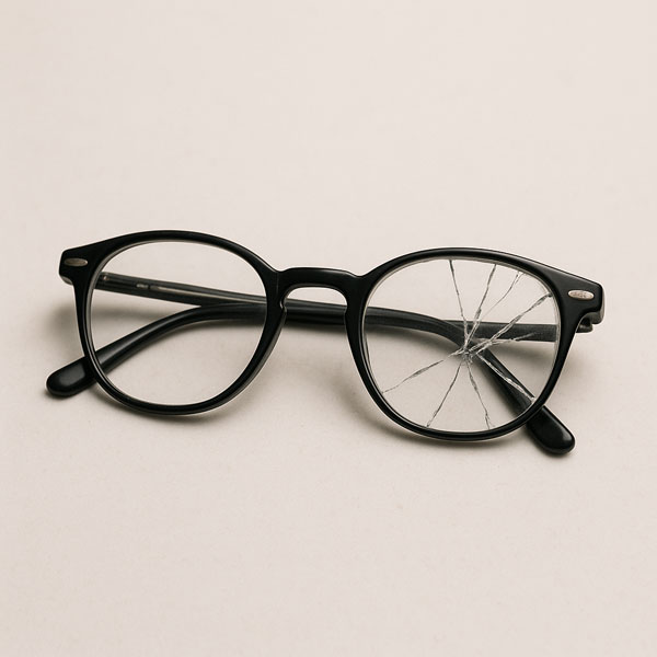 Sinnbild: Brille mit kaputtem Glas