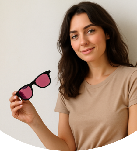 Junge blonde Frau mit einer Brille für Lichtempfindlichkeit