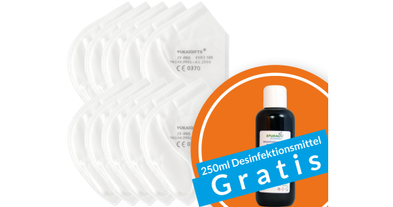 10er-Pack FFP2-Atemschutzmaske inklusive gratis Desinfektionsmittel